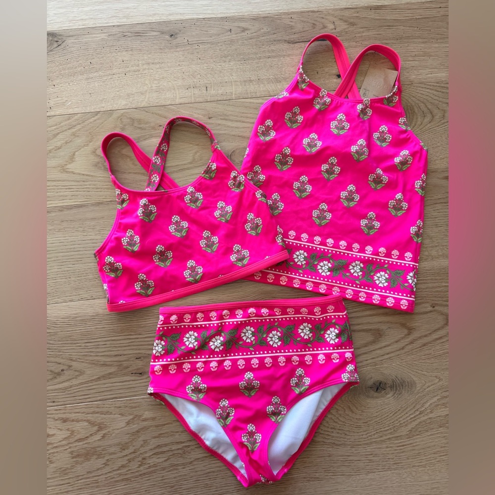 3 piece Mini Boden Pink Heart Patterned Swimsuit Set